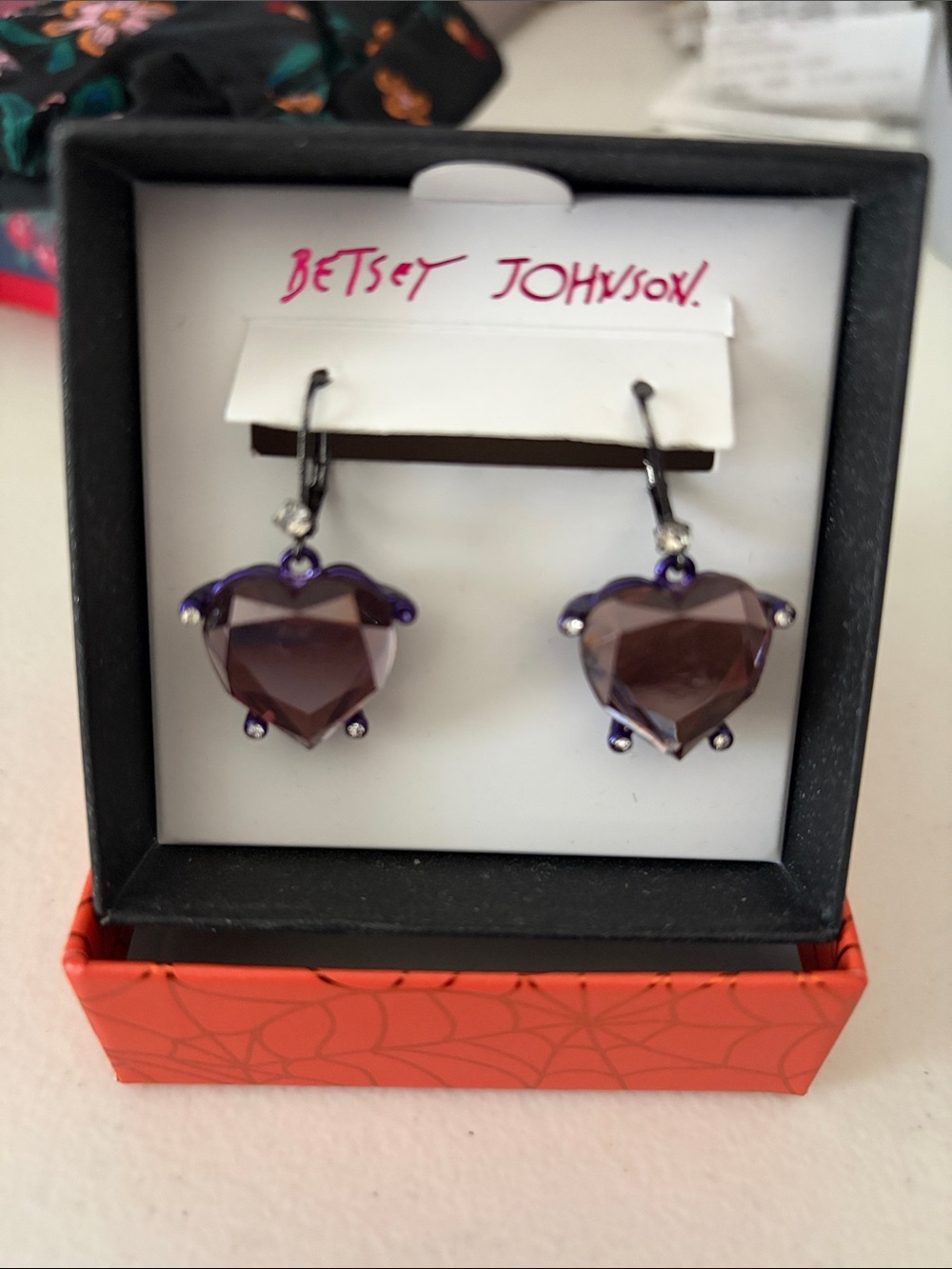 Betsey Johnson Amethyst-Tone Faceted Heart Drop Earrings